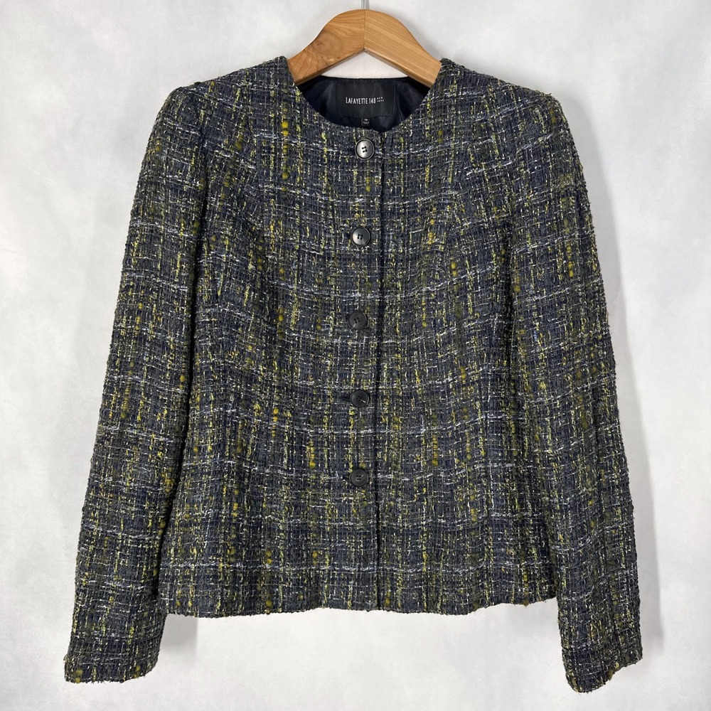 Lafayette 148 Virgin Wool Navy & Yellow Tweed Blazer Jacket Women's Size 14